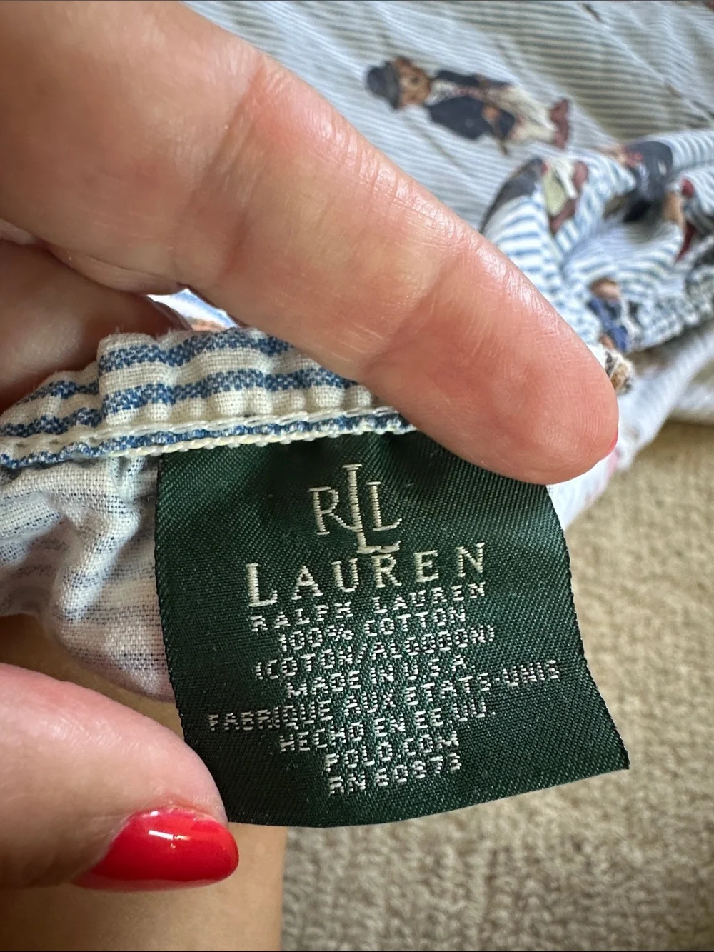 Vintage Ralph Lauren Blue Striped Polo Bear Cotton Fitted Full Sheet